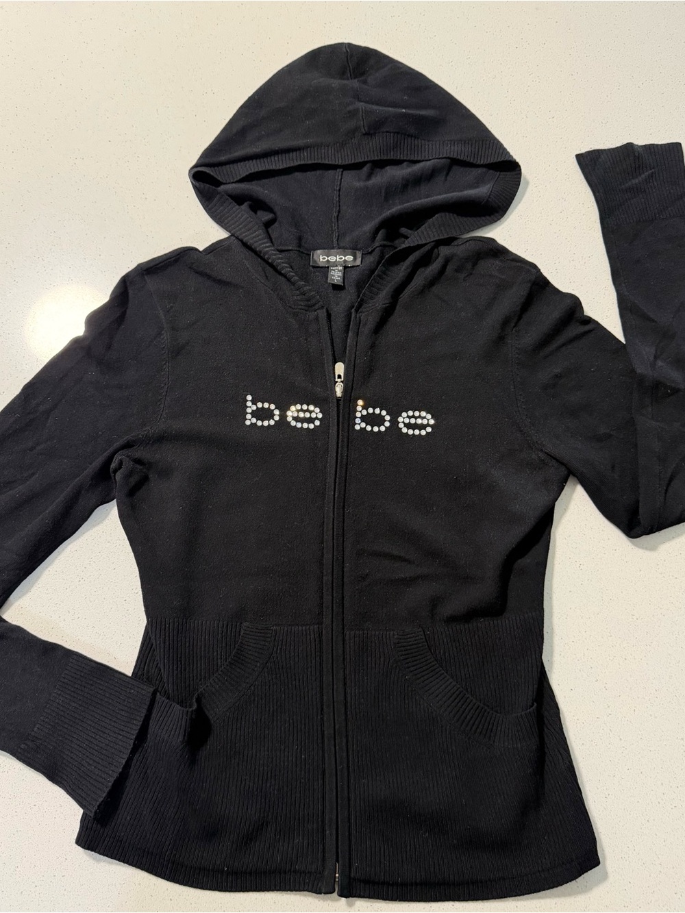 bebe Black Rhinestone Logo Zip-Up Hoodie